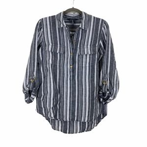 Ellen Tracy Striped Linen Roll Sleeve Top Size Medium